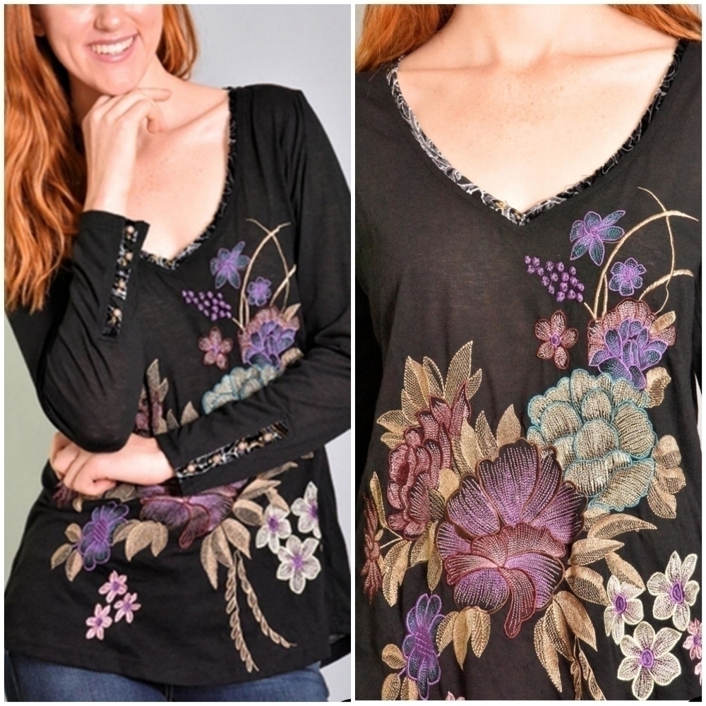 Soft Surroundings Embroidered top in black with floral embroidery in gre…
